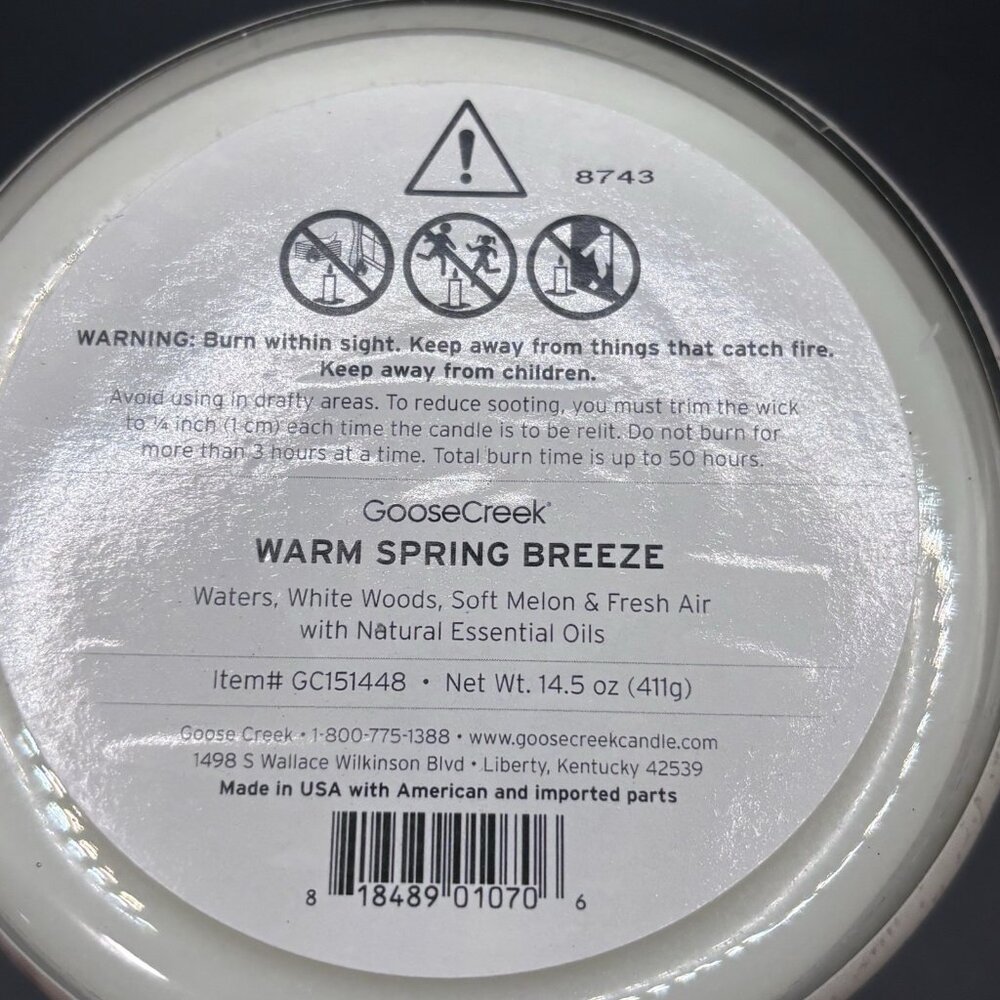 Goose Creek Warm Spring Breeze 3 wick Candle 14.5 oz Jar Water Woods Air Melon - Picture 11 of 14